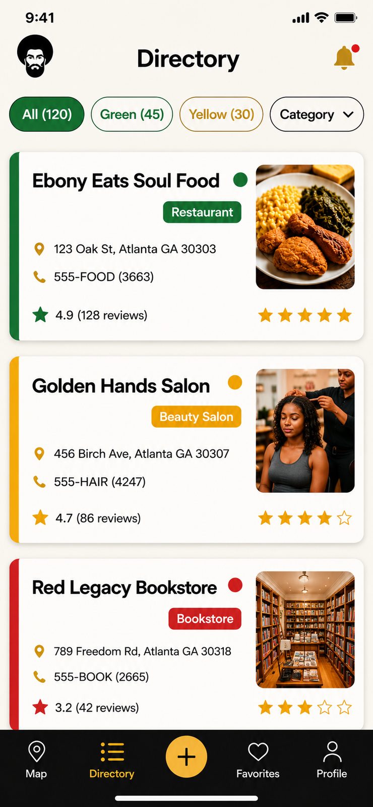 Business directory with filter chips and listings