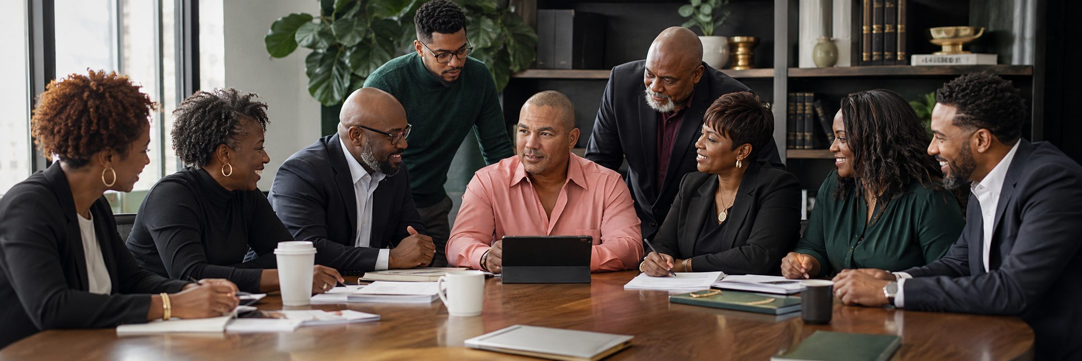 Black professionals collaborating around a table in a modern workspace
