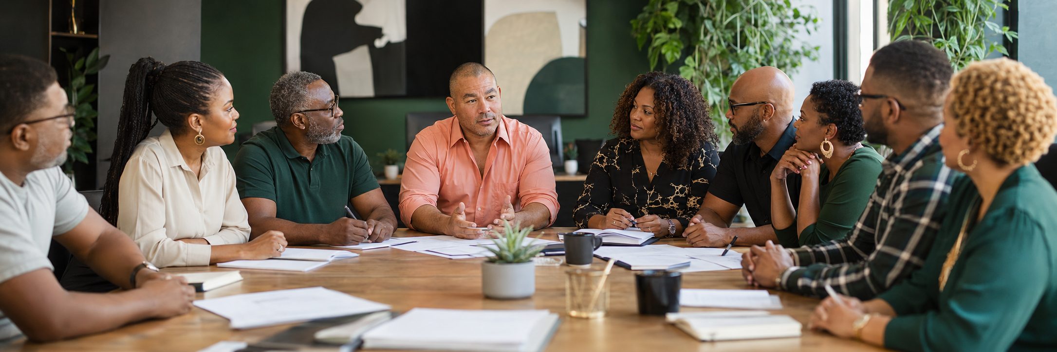 Black professionals collaborating around a table in a modern workspace