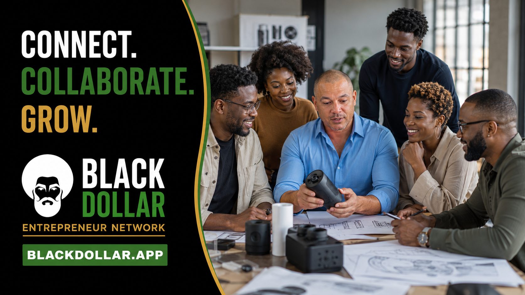 Black Dollar app promotional card reading “Connect. Collaborate. Grow.” over a photograph of Black professionals